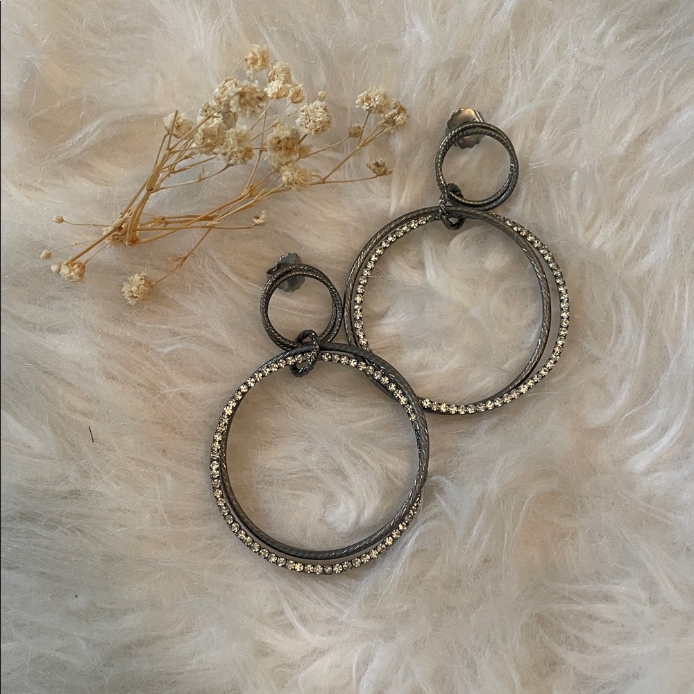 Lia Sophia 2 inch Gunmetal Gray Crystal Hoop Earrings